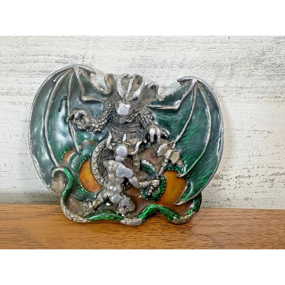 BERGAMOT BRASS WORKS Goth Fighting Dragon Belt Buckle, 1982 Enameled Pewter